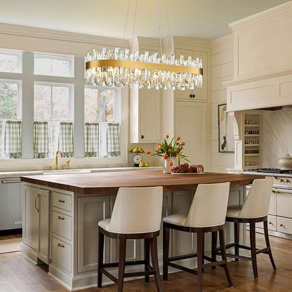 Modern Brass Gold Crystal Chandelier, Rectangle K9 Crystal Raindrop Chandelier Lights, Contemporary Ceiling Hanging Light Fixtures for Kitchen Island Dining Room, Length 35.4 inches
