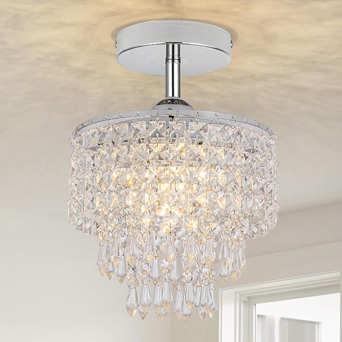 8" Mini Crystal Chandelier 3-Tier Crystal Raindrop Semi Flush Mount Ceiling Light Fixture Small Chandelier for Bedroom Kitchen Hallway Bathroom Closet (Chrome)