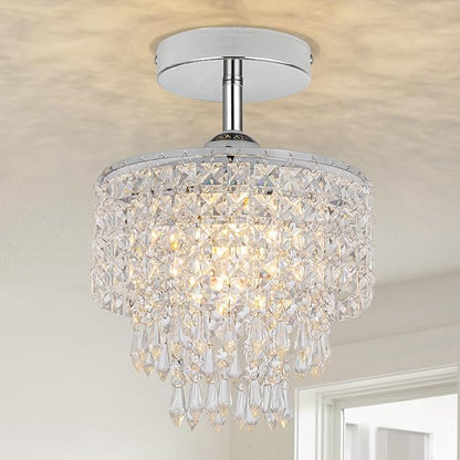 8" Mini Crystal Chandelier 3-Tier Crystal Raindrop Semi Flush Mount Ceiling Light Fixture Small Chandelier for Bedroom Kitchen Hallway Bathroom Closet (Chrome)
