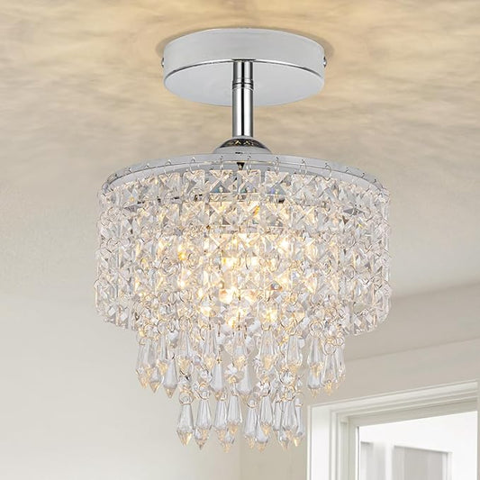 8" Mini Crystal Chandelier 3-Tier Crystal Raindrop Semi Flush Mount Ceiling Light Fixture Small Chandelier for Bedroom Kitchen Hallway Bathroom Closet (Chrome)