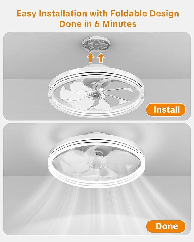 Ceiling Fans with Lights and Remote Low Profile Flush Mount LED Ceiling Fan with Lights 3000K-6500K Dimmable Foldable Fandelier Light 6 Wind Speeds Night Light for Bedroom Living Room White