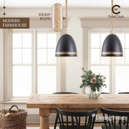 Farmhouse Pendant Light Black 10in Hemp Rope Boho Kitchen Island Lighting French Country Ceiling Pendant Light for Kitchen Sink Dining Room Entry Hallway
