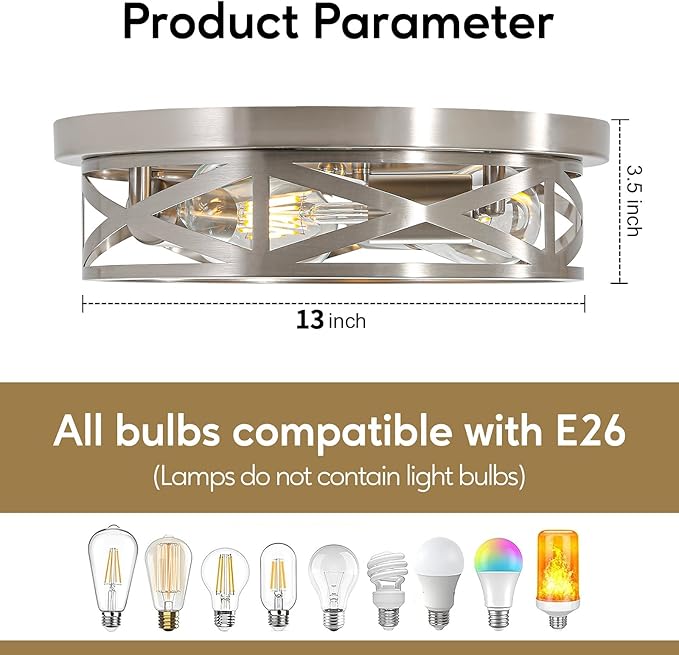 Brushed Nickel Cage Ceiling Light Fixtures,13 Inch Indoor Close to Ceiling Lights, 3-Light Round Vintage Metal Flush Mount Ceiling Lights for Bedroom, Living Room, Porch Kitchen
