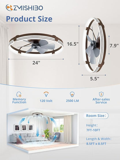 ZMISHIBO 24 Inch Low Profile Ceiling Fans with Lights and Remote, 3000K-6000K Dimmable Fandelier LED Fan Light, Flush Mount Ceiling Fan with Light, 6 Wind Speeds Ceiling Fans for Bedroom- Brown
