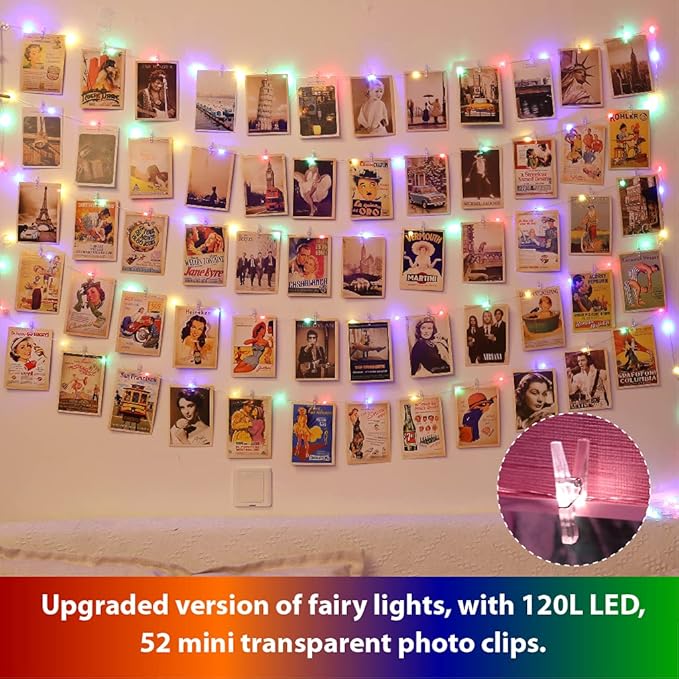 HXWEIYE 120LEDs Multicolor Photo Clips String Light, 40Ft Fairy Light with 52 Clear Clips & 12 Hooks on Wall, Timer & 8 Modes USB Powered Copper Wire String Light for Hanging Picture, Bedroom Party