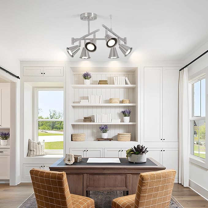 6-Light Modern Track Lighting Fixtures Ceiling, Flexible Foldable Arm and Rotatable Light Head,Nickel Kitchen Track Lighting for Kitchen Islands, Dining Rooms, Bars, Closets, Workbenches.