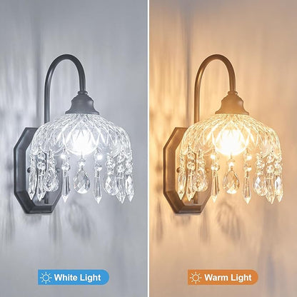 2-Pack Vintage Wall Sconce,Glass Crystal Wall Sconce,Matte Brushed Antique Black Finish Set of Two for Bedroom Bathroom Hallway Living Room Decor