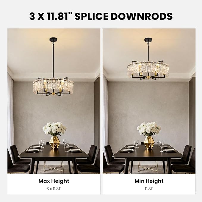 23.62" Gold Water Ripple Glass Chandeliers, 6-Light Modern Round Chandelier, Luxury Drum Chandelier Lighting Fixtures for Living Room Dining Room Kitchen Bedroom Foyer Hotel