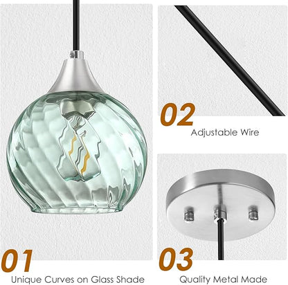 Pendant Lights Kitchen Island,2 Pack Farmhouse Pendant Lights,Green Striped Swirl Globe Glass Pendant Light Fixtures,Mini Island Lights For Kitchen,Modern Hanging Light Fixture With Adjustable Height