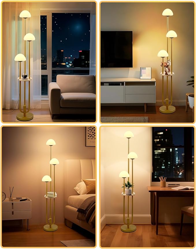 Gold Dimmable Floor Lamp with Table, Modern Floor Lamps with Mushroom Shades for Living Room, 3000K Warm White Tall Standing Lamp with Bulbs& 5Lbs Heavy Base for Bedroom/Office