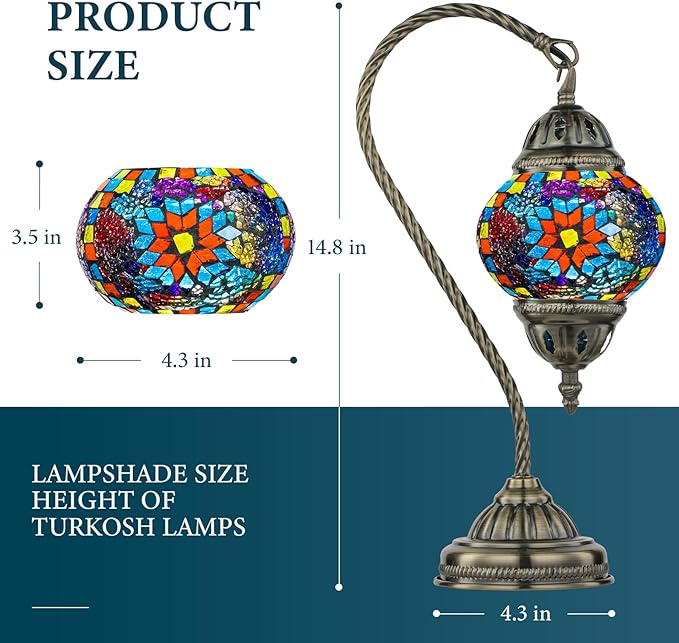 Marrakech Tiffany Style Stained Glass Table Lamp, Handmade Turkish Moroccan Mosaic Glass Lamp with Swan Neck Bronze Base, LED Bulb Included, Vintage Beside Lamp for Bedroom Decoration (Colorful1)