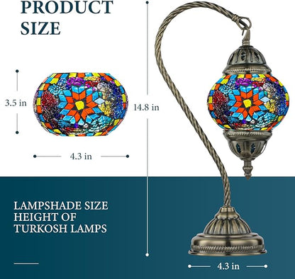 Marrakech Tiffany Style Stained Glass Table Lamp, Handmade Turkish Moroccan Mosaic Glass Lamp with Swan Neck Bronze Base, LED Bulb Included, Vintage Beside Lamp for Bedroom Decoration (Colorful1)