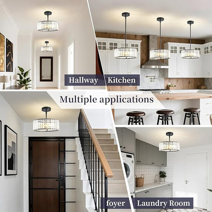 Black Crystal Chandelier for Dining Room,Modern Semi Flush Mount Ceiling Light Fixtures,3-Ligh Round Kitchen Hanging Drum Pendant Light Fixture for Hallway Entryway Foyer Laundry Room, 12''