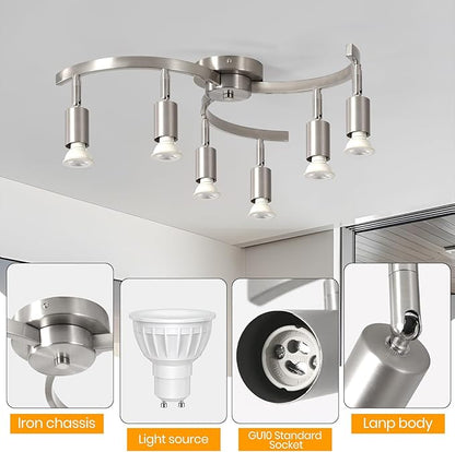 6 Light Track Lighting Fixtures Ceiling, Flexibly Rotatable Light Heads, Nickel Semi Flush Mount Ceiling Light for Kitchen Dining Room Living Room.Gu10 Bulb Base.