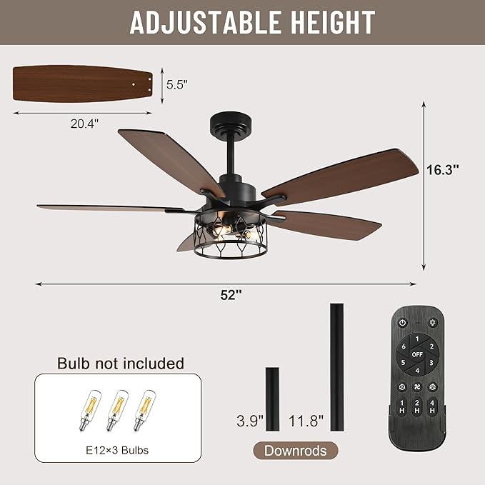52'' Caged Ceiling Fans with Lights and Remote Control,Reversible DC Motor,5 Double Colour Blades,Rustic Farmhouse Ceiling Fan for Living Room,Dining Room,Bedroom