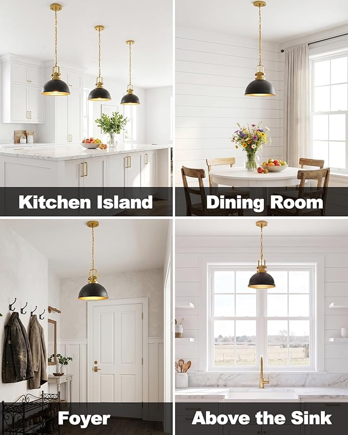 2-Pack Black Gold Pendant Lights Kitchen Island, Modern Dome Pendant Lights Matte Black Dome Hanging Light Fixture for Kitchen Dining Room Foyer Entrance Restaurant Hallway