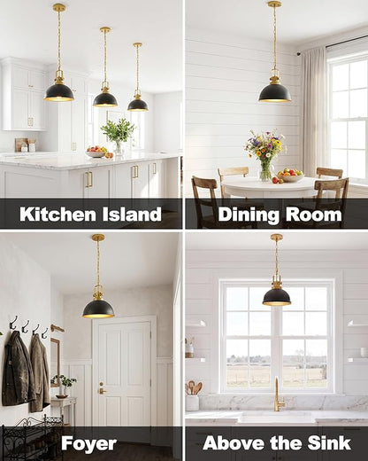 2-Pack Black Gold Pendant Lights Kitchen Island, Modern Dome Pendant Lights Matte Black Dome Hanging Light Fixture for Kitchen Dining Room Foyer Entrance Restaurant Hallway