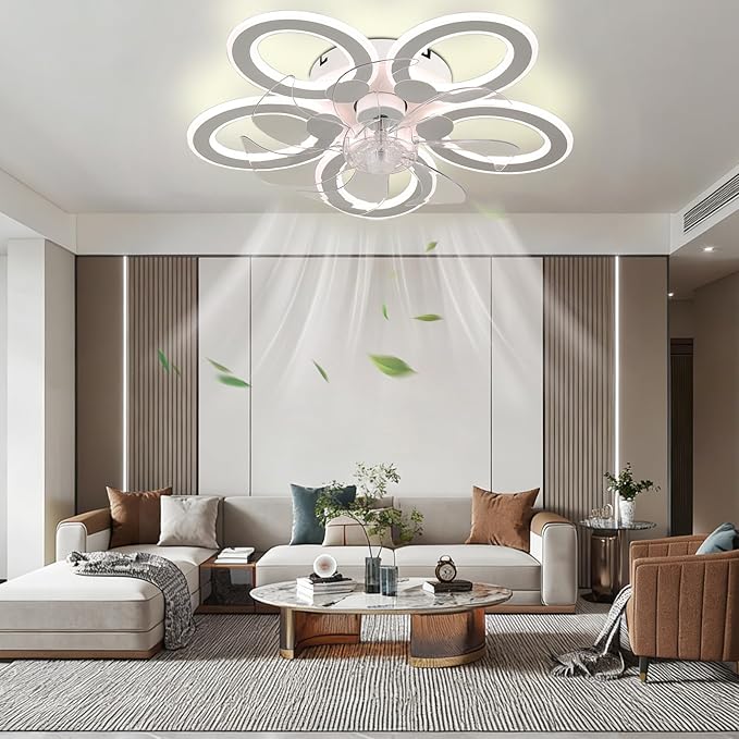 LED Ceiling Fan with Light Low Profile Ceiling Fan with Light White Flush Mount Fandelier 6 Speeds 3 Color Dimmable White Fan for Bedroom Kids Room Living Room