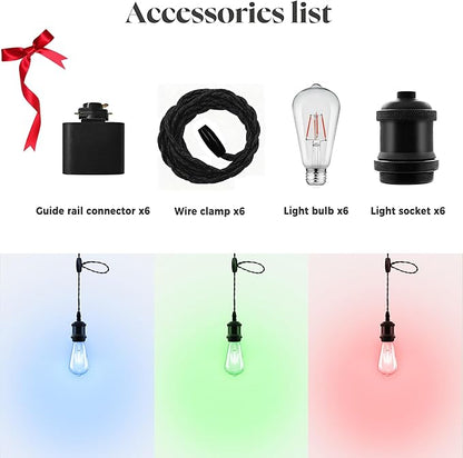 6 Pack RGB Pendant Light for Holiday Decor - H Type Track Compatible White Fixture, E26 Base with RGB Filament Bulbs, Ambient Lighting for Fun Creative Spaces