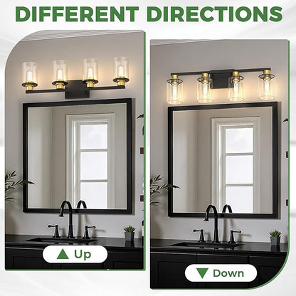 DORESshop Bathroom Light Fixtures, 4-Light Black and Gold Bathroom Vanity Light Over Mirror with Clear Glass Shade, Vanity Lights for Hallway Living Room Bedroom