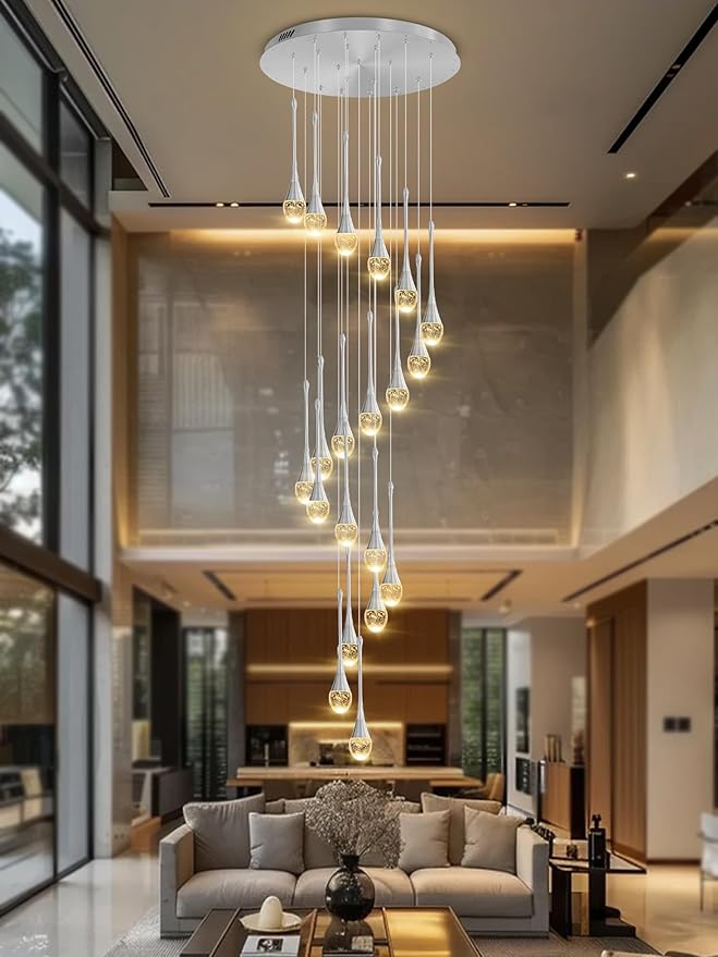 ykolupty H138 Modern Chandelier for High Ceiling 26-Lights Chrome Raindrop Chandeliers Crystal Pendant Light Fixture Large Chandelier for Staircase Foyer Villa Dimmable LED Hanging Light