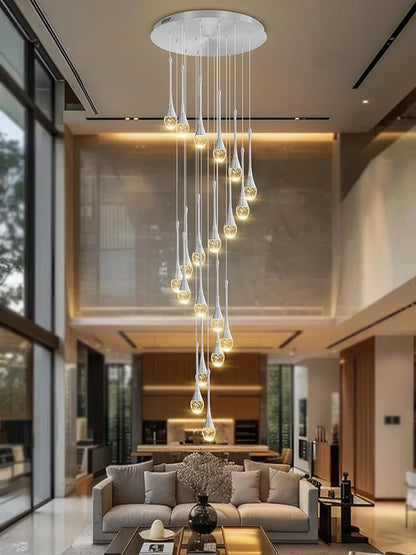 ykolupty H138 Modern Chandelier for High Ceiling 26-Lights Chrome Raindrop Chandeliers Crystal Pendant Light Fixture Large Chandelier for Staircase Foyer Villa Dimmable LED Hanging Light