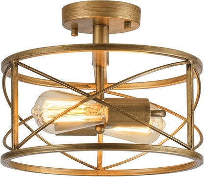 2-Light Semi Flush Mount Brushed Brass Ceiling Light Fixture, Farmhouse Industrial Metal Cage with Adjustable Height, Dimmable for Hallway Entryway Kitchen Bedroom Foyer Laundry Low Ceiling