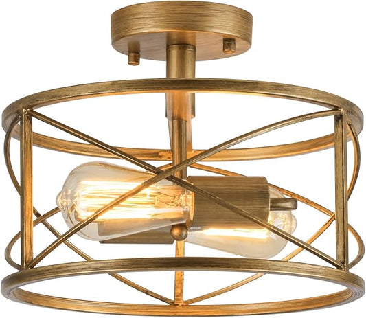 2-Light Semi Flush Mount Brushed Brass Ceiling Light Fixture, Farmhouse Industrial Metal Cage with Adjustable Height, Dimmable for Hallway Entryway Kitchen Bedroom Foyer Laundry Low Ceiling