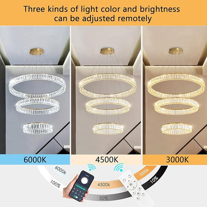 HAIXIANG Modern Glam Chandelier Crystal LED Remote Rings Chandelier Adjustable Hanging Ceilings Pendant Lights Fixture Gold 16"+24"+32" Rings Lighting