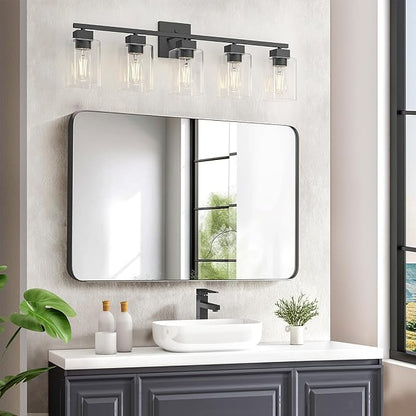 5 Light Bathroom Vanity Light - Matte Black Bathroom Light Fixtures Square Design & UL Certification, 31 Inch Black Bath Room Lighting Fixtures Over Mirror for Living Room & Bedroom & Restroom
