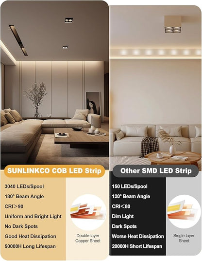 COB LED Strip Light 32.8ft, Dimmable 2300K-6500K White CCT Tunable, DC 24V Cuttable LED Tape Light, High Density 6080 LED 48W CRI 90, APP Remote Control, Music Mode, For Home DIY, Living Room, Bedroom