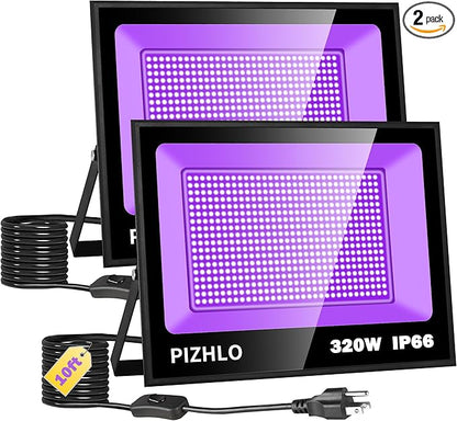 2 Pack 320W LED Black Light, Blacklight Flood Light with Plug & Switch, IP66 Waterproof Outdoor Blacklight Floodlight for Halloween Fluorescent Poster Body Paint Neon Glow in The Dark Stage Lighting