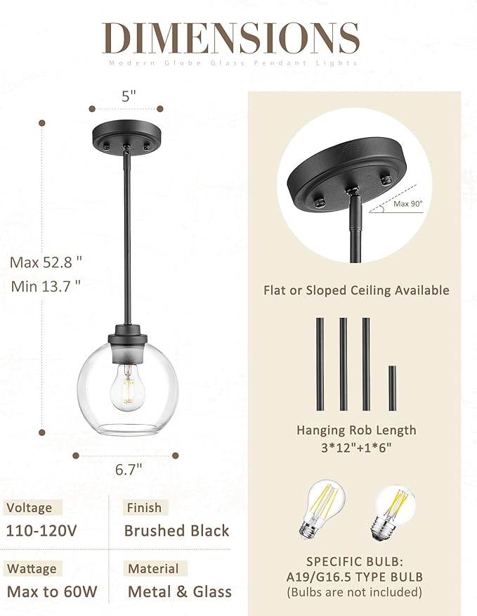Matte Black Pendant Light, Mid Century Globe Haning Light Fixture Ceiling with Clear Glass for Kitchen Island Dining Room Bedroom Hallway Foyer (1 Pack), PL101BK