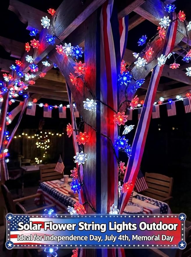 ITICdecor Solar Flower String Lights Outdoor Waterproof 50 LED Solar String Lights for Outside Decorative for Garden Fence Patio Yard Christmas Tree Lawn Party(Red White&Blue)