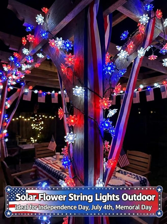 ITICdecor Solar Flower String Lights Outdoor Waterproof 50 LED Solar String Lights for Outside Decorative for Garden Fence Patio Yard Christmas Tree Lawn Party(Red White&Blue)