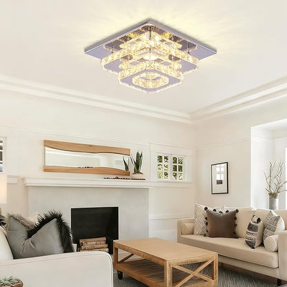 FRIXCHUR 9.8" Crystal Ceiling Light, 3-Color LED Square Flush Mount Chandelier, 2-Layer K9 Crystal Ceiling Lamp for Bedroom Living Room Dining Room Hallway Foyer 25W