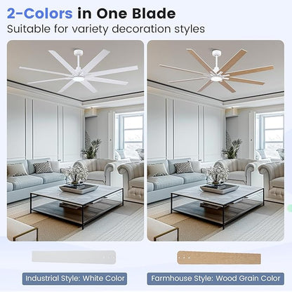 Newday 72 inch Large Ceiling Fans with Lights and Remote, Indoor/Outdoor White Ceiling Fan for Living Room Patio, 6 Speeds Silent Reversible DC Motor, 3CCT, Timer, 3 Downrods, 8 Blades