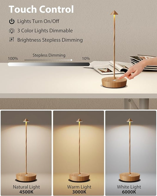 Cordless Table Lamps Rechargeable, 6000mAh Battery Operated LED Desk Lamp Outdoor Waterproof Portable Touch Dimmable Table Light for Patio Restaurant Dining Home Set of 2 Wooden