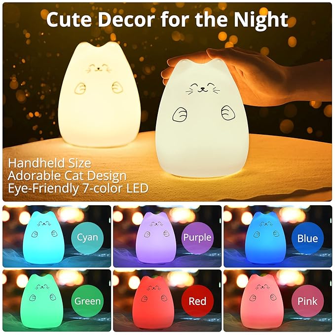 Cute Night Lights for Kids, Best Christmas Birthday Gifts for 3-12 Year Old Girls Teen, Cat Silicone Baby Night Light for Newborn, Remote and Tap Control