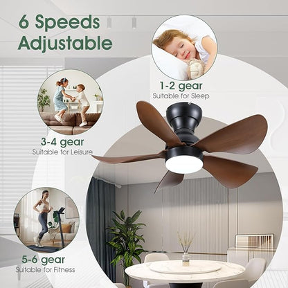 Kviflon Ceiling Fans with Lights and Remote/APP Control, 30 inch Low Profile Ceiling Fans with 5 Reversible Blades 3 Colors Dimmable 6 Speeds Ceiling Fan for Bedroom Dining Room, Wood Color