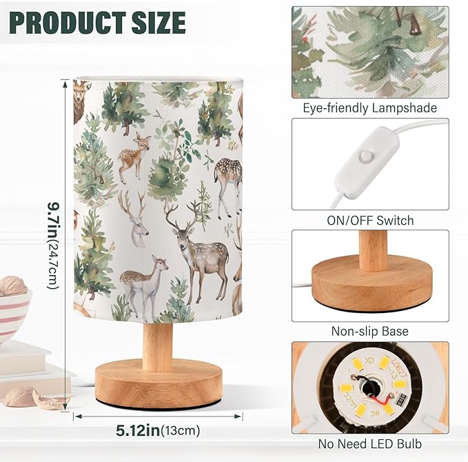 Bedside Table Lamp Woodland Animals Deer Nightstand Lamp with Wood Desk Lamps for Bedroom Living Room Nursery Office Home Decor