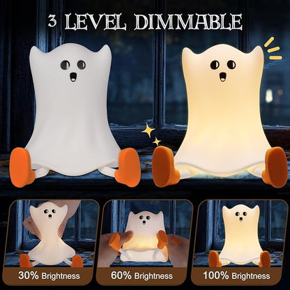 Ghost Night Light Silicone Cute Halloween Ghost Decor Night Light for Breastfeeding Squishy Ghost Nightlight Cordless Rechargeable Dimmable Touch Fun Bedside Light Lamp for Halloween Gifts