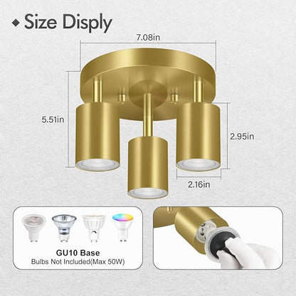 3 Light Track Lighting Fixtures Ceiling, Gold Round Directional Ceiling Spotlight, GU10 Flush Mount Track Fixture, Adjustable Modern LED Ceiling Lights for Kitchen/Living Room, Bulb Not Included