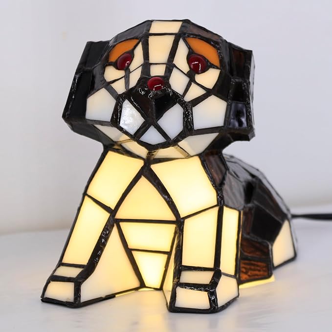 Small Tiffany Lamp Stained Glass Animal Table Lamp Mini Accent Desk Light (Brown White Dog)