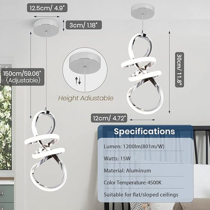 EIDISUNY Modern Led Pendant Light Fixture, 15W Chrome Spiral Pendant Light Kitchen Island, 4500K Daylight White Pendant Lamp, Adjustable Height Chandelier for Kitchen Dining Room Bedroom (Chrome)