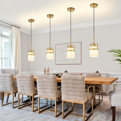 Modern Brass Pendant Lights Kitchen Island Light, Adjustable Hanging Light Fixture with Milk Glass Shade, Farmhouse Pendant Light for Dining Room Bar Over Sink/Table/Counter, 2 Pack