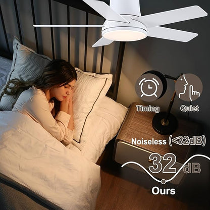 42 Inch Ceiling Fans with Lights and Remote, Flush Mount White Ceiling Fan for Bedroom Living Room Indoor/Outdoor, Quiet 6 Speed Reversible DC Motor, 3CCT, Dual Color 5 Blades, ETL Listed
