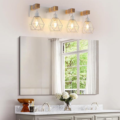 Farmhouse Vanity Light for Bathroom, 4-Light White Wood Bathroom Vanity Light Fixtures Over Mirror, Rustic Sconces Wall Lighting with Metal Lampshade for Living Room, Bedroom, Hallway