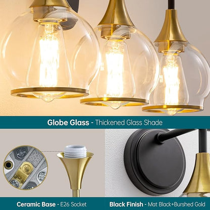 Black and Gold Bathroom Vanity Light 3-Lights Bathroom Light Fixtures Over Mirror with Clear Glass Shade 22.4 inch Wall Sconce Lighting Bath(Exclude E26 Bulb)