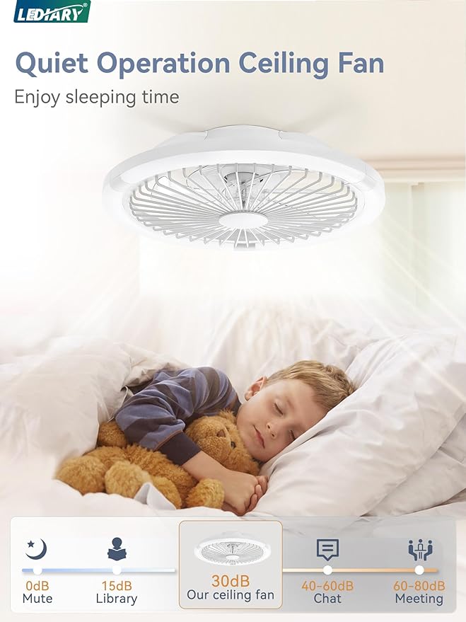 LEDIARY 20" Bladeless Ceiling Fan with Light,Low Profile LED Ceiling Fans with Remote & Smart APP Control,Modern Enclosed Flush Mount Fandelier with Timming,6 Speed,3000-6000K,Bedroom,Kids Room-White